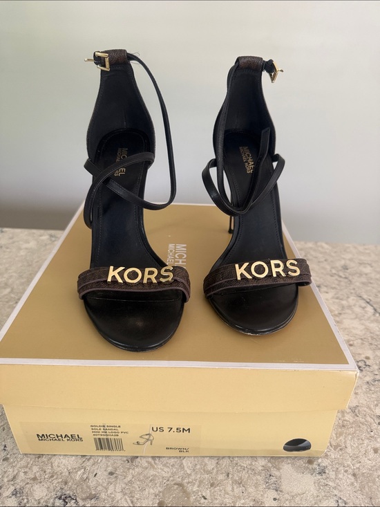 Michael Kors Shoes - Michael Kors Black Sandals with Gold KORS Logo 7.5 Gently Used